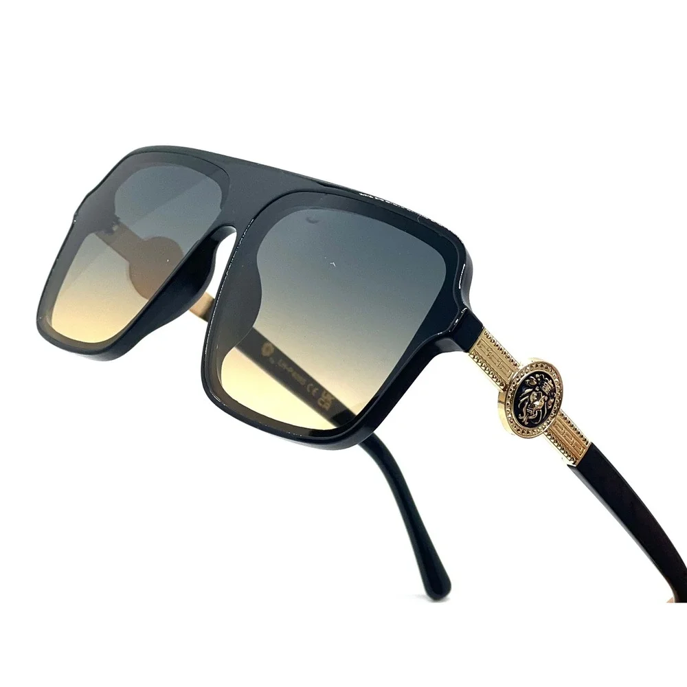 Mens Oversized Square Flat Top Sunglasses Black Gold Lion Head Gradient Green‎